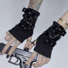 1PAIR Punk PU Fingerless Gloves, Multi Strap Metal O-Ring Design, Dark Gothic Style, Party Cosplay Accessory For Christmas & Valentine's Day - Multiple Styles - View 1
