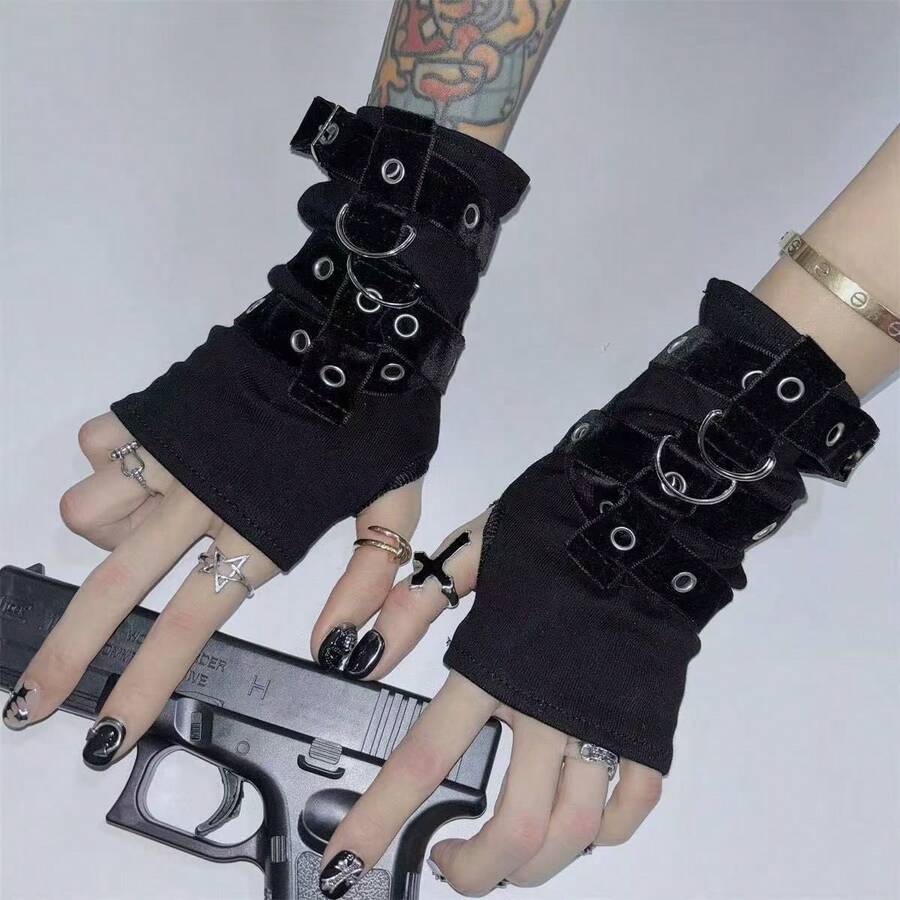 1PAIR Punk PU Fingerless Gloves, Multi Strap Metal O-Ring Design, Dark Gothic Style, Party Cosplay Accessory For Christmas & Valentine's Day - Multiple Styles - View 1