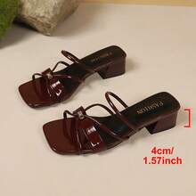 Burgundy Square Toe Chunky Heel Cross Strap One-Strap Slide Sandals Women's Mid-Heel Slippers - Burgundy - View 7