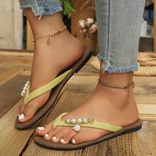 Women's Woven Strap Pearl Flip Flops, Flat Toe-Post Sandals, Casual Beach Slides, Summer - Olive Green - View 3