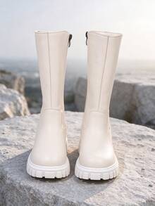 1 Pair Beige Tall Riding Boots, Autumn/Winter Long Boots, Thick Sole Anti-Slip Side Zipper, Children's Outdoor School Daily Wear Versatile Leather Boots - Beige - View 6