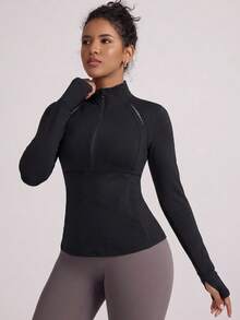 Women's Slim Fit Half-Zip Long Sleeve Sports Sweatshirt, High Elastic Fabric Reflective Polka Dot Design Running Jacket Workout Top, Suitable For Yoga, Gym And Daily Wear - Black - View 5
