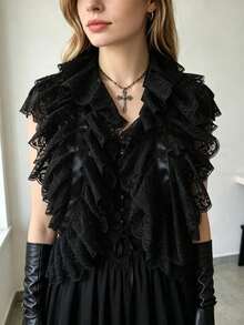Gothic Black Lace Ruffled Detachable Collar, Victorian Style Jabot Collar With Satin Ribbon, Lolita & Cosplay Statement Accessory - Black - View 2