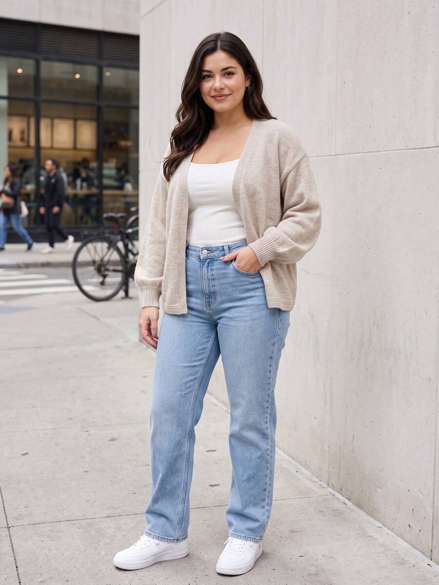 Women's Plus Size Knit Cardigan, Dropped Shoulder Long Sleeve, Ribbed Knit Detail, Suitable For Autumn/Winter Casual Wear - Camel - View 1