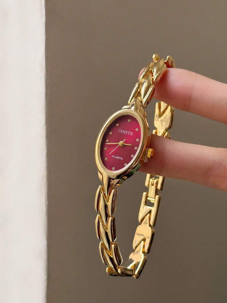 金色女款手錶,橢圓形復古紅錶盤配精緻刻度,適合日常佩戴、辦公或送禮 - 金色 - 查看 1