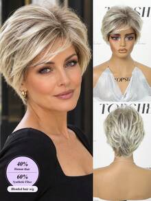 Wig Sintetis Potongan Pixie Pendek Berlapis 6 Inci untuk Wanita, Wig Rambut Pendek Berbulu Abu-abu Perak Garam dan Merica dengan Poni Samping, Tanpa Lem, untuk Pemakaian Sehari-hari - SP24/613 - View 1