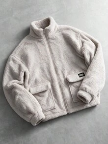 Men's Casual Fashion Double-Sided Fleece Warm Solid Color Street Style Stand Collar Pocket Decor Commute Essential Long Sleeve Sweatshirt - Apricot - View 9