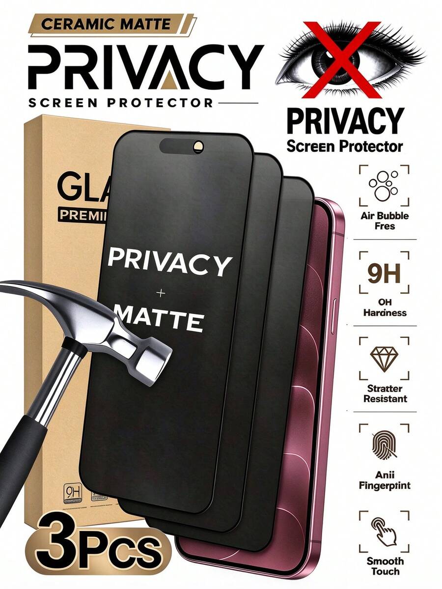 3Pcs Ceramic Matte Screen Protector Film, Soft Material, Matte Texture, Anti-Glare, Anti-Peeping, Anti-Fingerprint, Compatible With IPhone18 Pro Max/18 Pro/17 Pro Max/17/17 Pro/17 Air/16 Pro Max/16/16 Pro/16 Plus/15 Pro Max/15/15 Pro/15 Plus/14 Pro Max/14/14 Pro/14 Plus/13 Pro Max/13/13 Pro/12/12 Pro/12 Pro Max/11/11 Pro Max Full Series