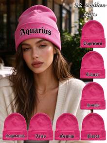 1pc Women's Hot Pink Zodiac Sign Print Knitted Beanie Hat,Y2K Style Outdoor Warm Beanie,Wide Face Winter Ski Cap Suitable For Daily Commute - Hot Pink - View 1