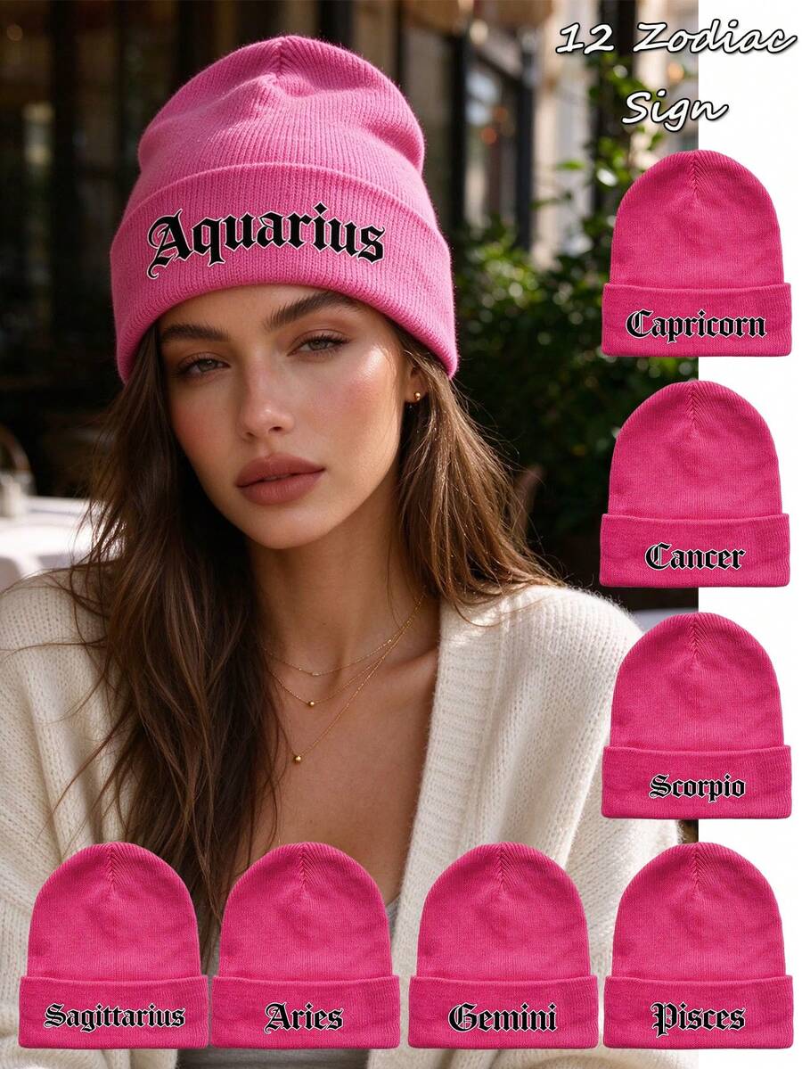 1pc Women's Hot Pink Zodiac Sign Print Knitted Beanie Hat,Y2K Style ...