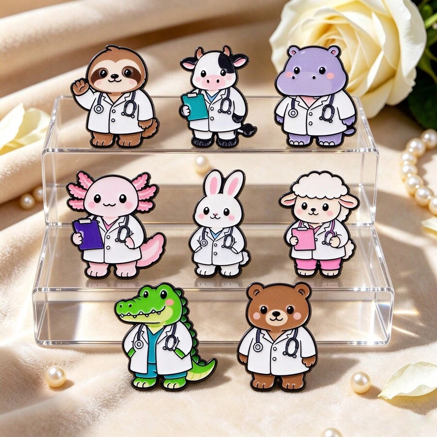 Kawaii Cartoon Animal Doctor Brooch Set, Metal Animal Enamel Lapel Pins, Cute Medical Badges For Clothing Backpack Decor, Lovely Gift For Nurse Doctor