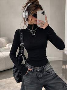 Women's Stand Collar Knit Sweater, New Autumn/Winter Fashion Solid Color Pullover, Casual Versatile Slim Fit Flattering Long Sleeve Top - Black - View 8