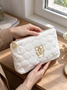 Gentle Luxury Quilted Plush Makeup Bag, Honeycomb Embossed 3D Design, Metal Embossed Logo Bee Zipper Pull, Large Capacity Soft Shock-Proof, Suitable For Commute, Short Trips, Home Storage, Self-Use And Gifting, GUERLAIN - White - View 5