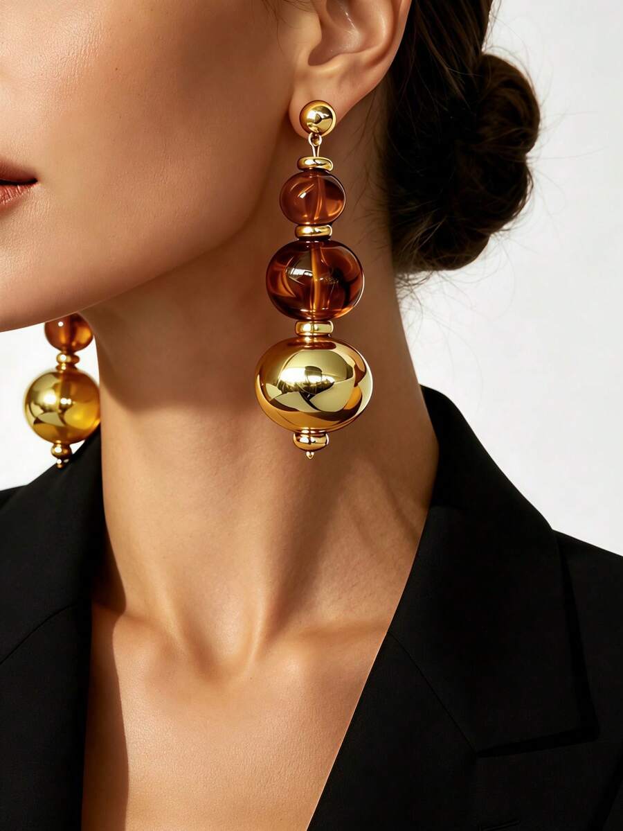 1 Pair Women's Vintage Bohemian Style Gold Metal Ball & Amber Round ...