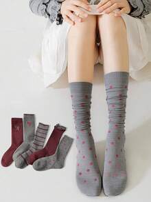 2 Pairs Ankorla Red Mid-Calf Socks Women's Ankorla Red Fashion Extended Bow Vintage Socks - Multicolor - View 2