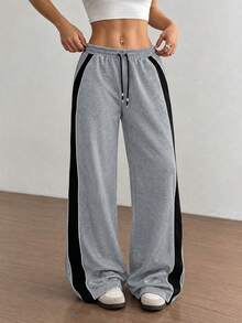 Women's Contrast Side Stripe Wide Leg Sweatpants, Drawstring Elastic Waist, Trim Detail, Loose Casual Streetwear Style, With Pockets - Light Grey - View 1