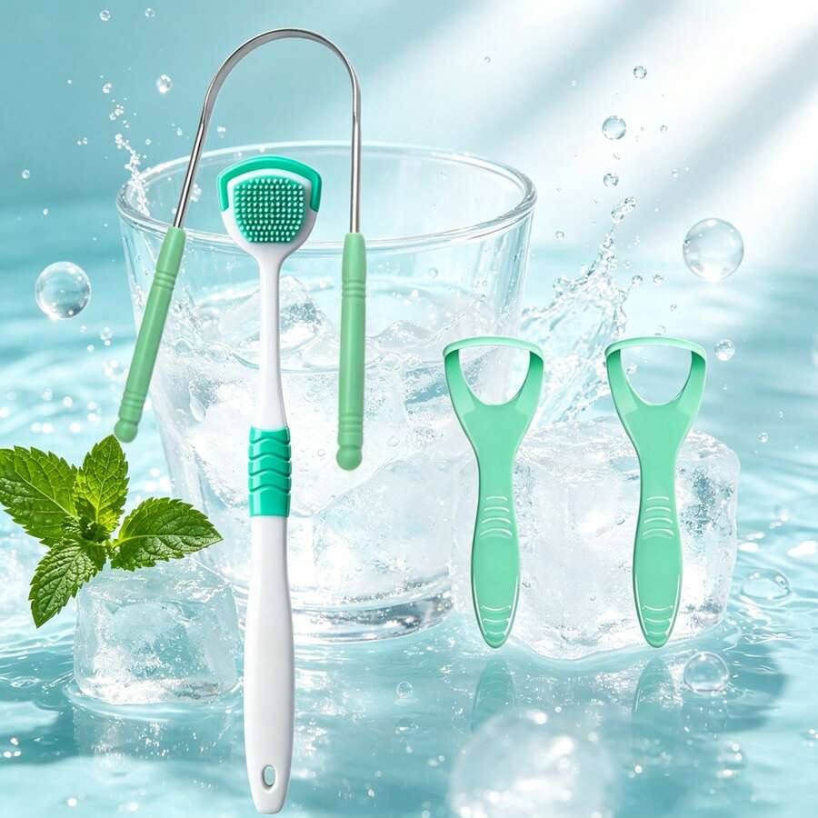 Portable Tongue Cleaner Tool Set, Soft Rubber Tongue Scraper + Stainless Steel U-Shaped Tongue Scraper + Plastic Tongue Scraper, Non-Slip Handle Design, Washable, Reusable, Home Oral Care Tools - Multicolor - View 1