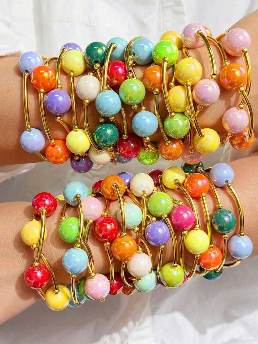 3pcs/Set 16mm Candy Color Laser Beaded Bracelet Set, Y2K Colorful Dopamine Bracelet Set, Summer Versatile Vacation Accessories - Multicolor - View 1