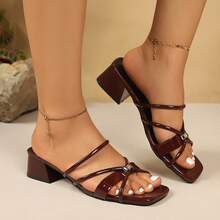 Burgundy Square Toe Chunky Heel Cross Strap One-Strap Slide Sandals Women's Mid-Heel Slippers - Burgundy - View 5