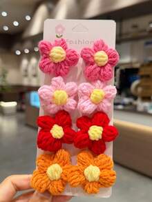 8pcs Autumn/Winter Woolen Flower Hair Clips, Cute Girls Hair Accessories, Handmade Crochet Colorful Small Flower Side Clips, Children Hair Accessories, Suitable For Girls Daily Wear - Multicolor - View 5