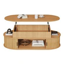 Table Coffee Table Height Adjustable*50*40cm, Up To 55, Wood Color,Side Table,Tea Table, Oval Sofa Table With Roller Shutter, Large Storage, Living Room Table With Hydraulic Lifting Mechanism - Wood + MDF - View 6