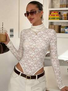 VIVINA Women's Elegant Apricot Lace Bodysuit, Long Sleeve High Neck Design, Semi-Sheer Fabric For Fall/Winter, Suitable For Layering In Fall/Winter And Wearing As Outerwear/Innerwear In Spring/Summer, Perfect For Daily/Date/Travel/Vacation/Home/Party. Simpleoutfit, Winterfashion, Falloutfits, Highfashion - Apricot - View 3