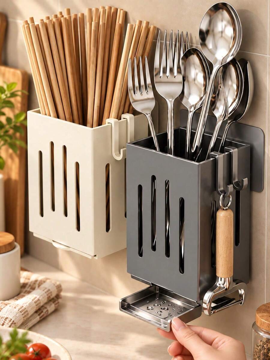 Kitchen Utensil Storage Rack, Spoon And Chopstick Draining Holder, Multi-Functional Storage Box With Built-In Drainage, Household Chopstick Holder, Can Store Knives, Forks, Spoons And Other Tableware. Built-In Draining Structure, Quickly Drains Water, Keeps Tableware Dry And Hygienic. Compact And Space-Saving, Suitable For Wide Range Of Scenarios, Kitchen, Bathroom, Living Room. - Multicolor - View 1