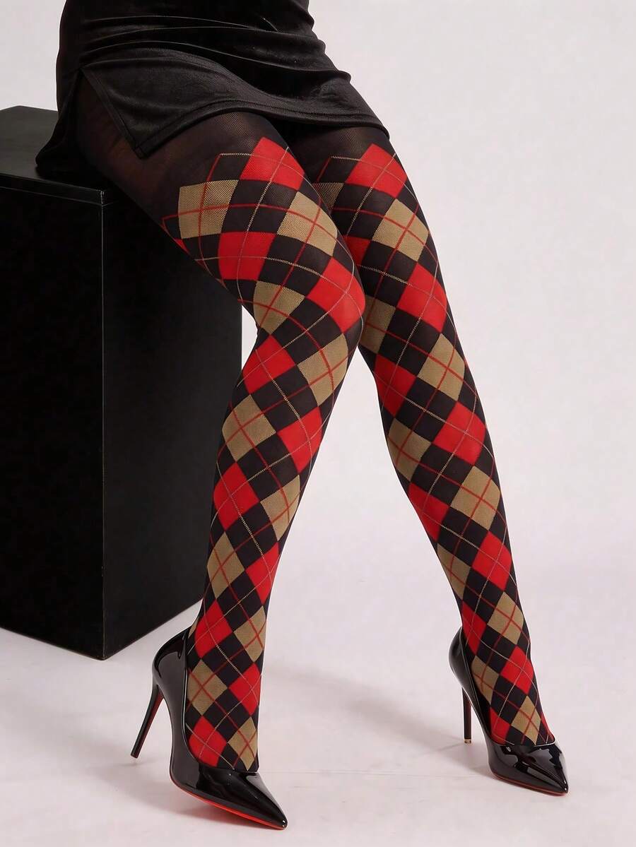 1 Pair Women's Black Argyle Tights, Red & Khaki Diamond Pattern Pantyhose For Fall, Winter, Preppy & Retro Outfits - Multicolor - View 1