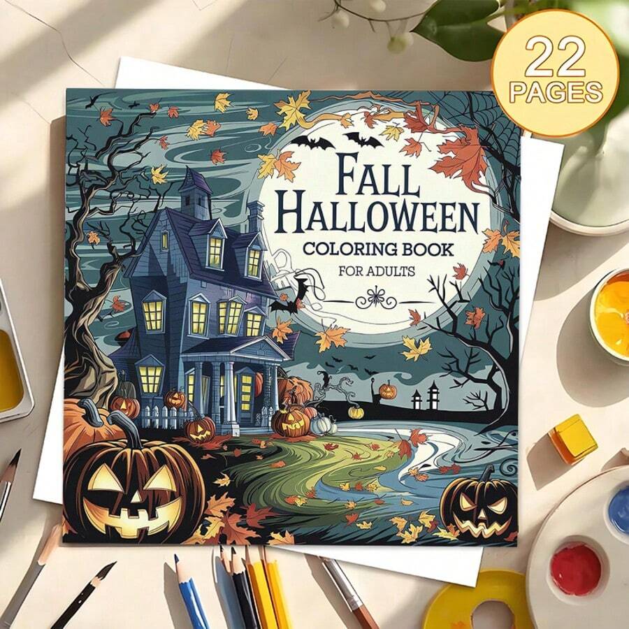 Fall Halloween Coloring Book For Adults, Haunted House Pumpkin Bat Autumn Fall Halloween Coloring Pages, Large Print Line Art, Stress Relief Relax Activity Book, Spooky Season Holiday Gift - Single Piece - View 1