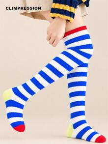 CLIMPRESSION Women's Fuzzy Over-The-Knee Socks, Thickened Coral Fleece Warm Thigh-High Socks, Soft And Fluffy Long Socks, Suitable For Winter Home And Sleep - Blue and White - View 2