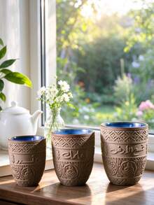 Vintage Handmade Style Ceramic Cup With Arabic Calligraphy And Geometric Pattern, Brown/Blue Glazed Interior, Suitable For Home, Office, Cafe Rustic Style Drinkware, 135ml/200ml/280ml Three Sizes - Multicolor - View 4