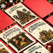 12pcs Exquisite Retro Christmas Theme Greeting Card Set, [2D Flat Card], Featuring Classic Elements Like Christmas Tree, Wreath, Fireplace, Snowman, Gift Box, And Gingerbread Man, Warm And Elegant Style, Suitable For Friends, Colleagues - Sets - View 3