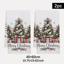 2PCS Kitchen Towels Christmas Striped Christmas Tree Print 40*60cm Minimalist Style Rectangular Microfiber Kitchen Towels, Dish Cloths, Tablecloths, Hand Towels, Bathroom Kitchen Decor, Winter Home Decor, Neighbor Housewarming Gift, Perfect For Kitchen And Bathroom Use, Suitable For Housewives And Family Gatherings, High Cost-Performance, Essential Home Item - White - View 3