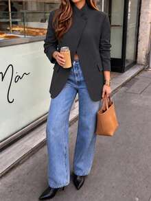Blazer Kasual Wanita Warna Abu-abu Gelap Elegan dengan Kerah Asimetris untuk Musim Semi, Gugur, dan Musim Dingin, Gaya Vintage, Cocok untuk Bepergian dan Pakaian Kantor - Grey - View 10