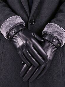 Men's PU Leather Winter Touchscreen Gloves, Faux Fur Collar Windproof Non-Slip Warm Driving Gloves With Adjustable Buckle - Black - View 2