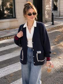 Spring New Contrast Color Patchwork Pocket Design Loose Knit Cardigan Jacket Simple Casual Versatile Women's Sweater - Blue - View 2