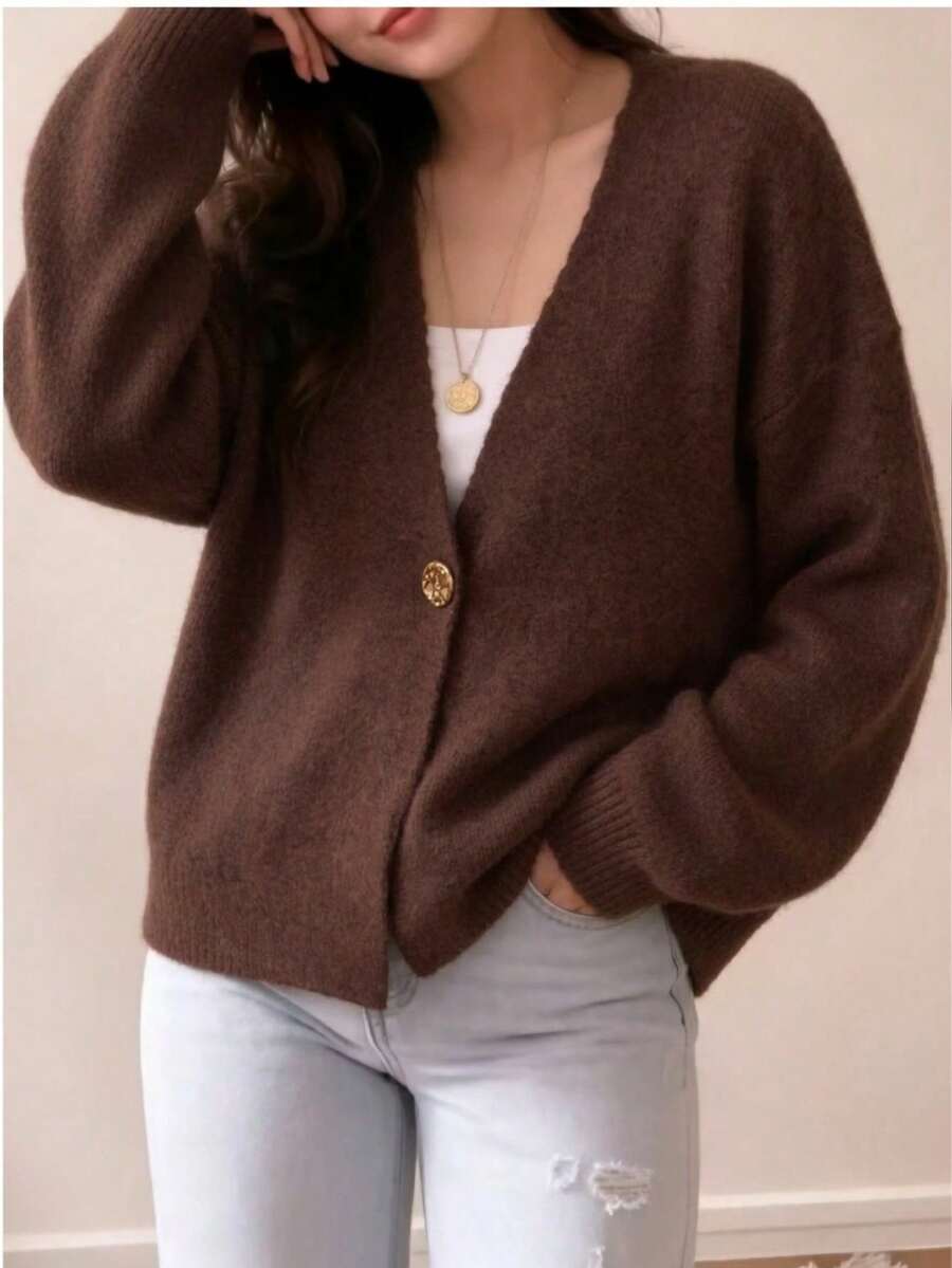 Plus Size Women's Autumn/Winter Essential Short Knit Cardigan, V-Neck Bell Sleeve Single Button, Elegant Loose Casual Jacket - Brown - View 1