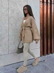 Women's Autumn New V-Neck Knit Cardigan Elegant French Style Travel Vacation - Khaki - View 4