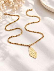 1pc Stainless Steel 18K Gold Plated Vintage French Fashion Asymmetrical Clock Text Pendant Necklace, Unisex, Twisted Chain Necklace - Yellow Gold - View 4