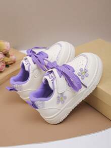 1 Pair All-Season Toddler Baby Hook-And-Loop Embroidered Flower Rhinestone Heart Tie-Up Comfortable Fashionable Cute Flat Casual Sports Shoes - Mauve Purple - View 5