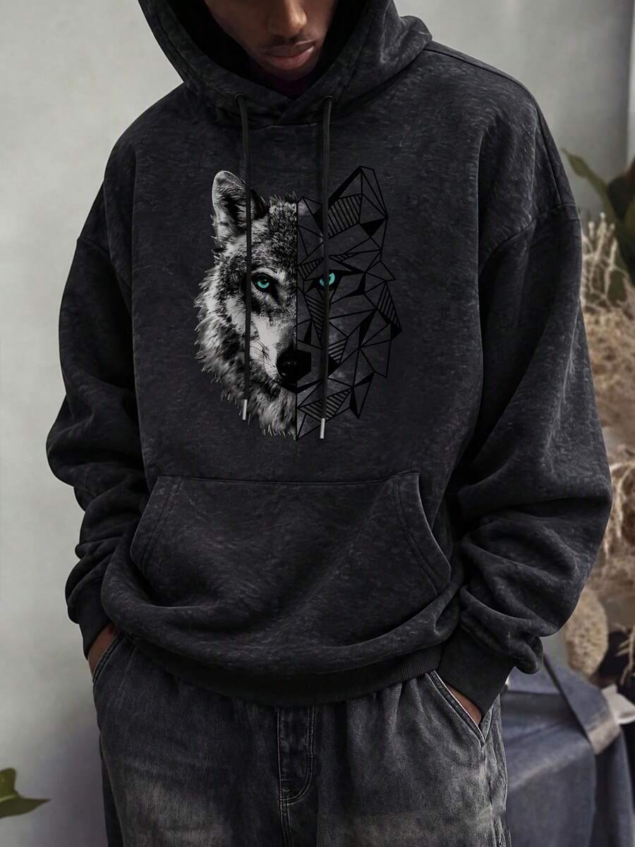Men's Autumn/Winter American Street Style Wolf Head Pattern Hoodie With Drawstring