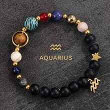 8 Planets 12 Zodiac Signs Bracelet, Unisex Natural Stone Solar System Bracelet, Gold Zodiac Pendant Bracelet, Valentine's Day Jewelry - Black - View 9