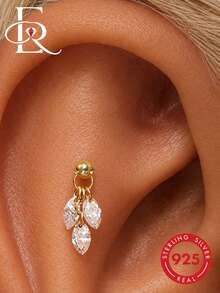 EleRunis 1pc 925 Sterling Silver Delicate 3-Water Drop Flat Back Cartilage Earring, Suitable For Helix, Conch, Cartilage, Ear Rim, Threaded Piercing, Exquisite Jewelry For Daily Wear, Wedding, Party - Gold - View 1