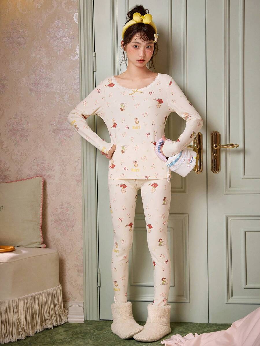 Gongdie 2pcs Snoopy Women's Pajama Set, Winter White Soft Cotton Loungewear With Lace Trim - Apricot - View 1