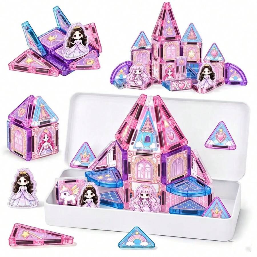 Unicorn Princess Magnetic Building Blocks Set, STEM Magnetic Construction Toy, Can Build Castle, Carriage And Spaceship, Transparent Magnetic Blocks With Metal Storage Box, Suitable For Children 3 Years And Above, Educational Travel Gift - Multicolor - View 1