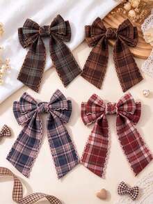 4Pcs Plaid Bow Long Streamer Hair Bows For Girls Wavy Scalloped Edge Decor Alligator Clips Daily Casual Fall Winter Hair Clips Kids Hair Accessories - Multicolor - View 1