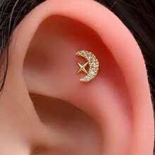 3PCS Steel Mini Cubic Zirconia Moon Star Studs Earrings Set For Women Hypoallergenic Tragus Helix Cartilage Flat Back Conch Ear Lobe Piercing Jewelry - 3PCS Round Zirconia Star Moon Leaf Set - View 7