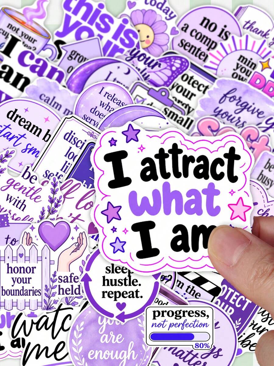 50Pcs Purple Positive Affirmation Text Stickers, Inspirational Self‑Love Slogan Decals, Waterproof Stickers For Cup, Luggage, Laptop & Craft Decoration - Multicolor - View 1