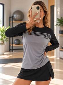 Women's Black And Gray Long Sleeve Sports T-Shirt, Crew Neck Contrast Stripe Workout Top For Running And Training - Grey - View 4