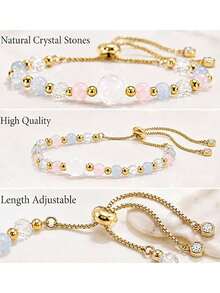 1pc Gold Adjustable Bolo Bracelet With Moonstone, Rose Quartz And Aquamarine, Sweet 16th Birthday Healing Stone Jewelry Multi-Functional Accessory With Card, Suitable For Girls' Daily Party Gift - Multicolor - View 7